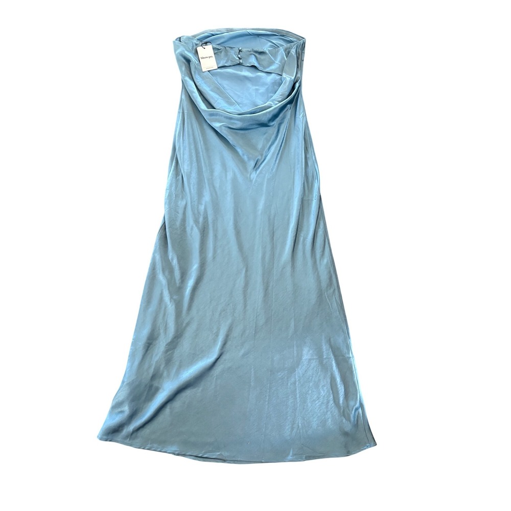 NWT Showpo. Charlita Strapless Cowl Back Satin Maxi Dress Blue Women's Size 10 - Picture 6 of 7